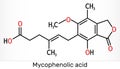 Mycophenolic acid, MPA, mycophenolate, C17H20O6 molecule. It is an immunosuppresant drug and potent anti-proliferative. Skeletal