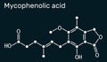 Mycophenolic acid, MPA, mycophenolate, C17H20O6 molecule. It is an immunosuppresant drug and potent anti-proliferative. Skeletal