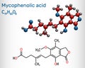 Mycophenolic acid, MPA, mycophenolate, C17H20O6 molecule. It is an immunosuppresant drug and potent anti-proliferative. Structural