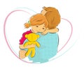 Cartoon colored vector illustration of a baby girl holding her teddy bear and hugging her father with a deep love. Happy Father`s Royalty Free Stock Photo