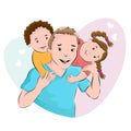 Cartoon colored vector illustration of little girl and a boy hugging their father`s neck and showing their deep love to their fath