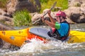 Myhiya, Ukraine - August 17, 2019: Playboating. Kayaking freestyle on whitewater