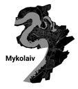 Mykolaiv city map, Ukraine. Municipal administrative borders, black and white area map with rivers and roads, parks and railways