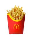 MYKOLAIV, UKRAINE - AUGUST 11, 2021: Big portion of McDonald`s French fries isolated on white