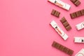 Mykolaiv, Ukraine - July 28, 2023: Bars Of Kinder Chocolate on pink background. Space for text
