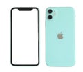 MYKOLAIV, UKRAINE - JULY 07, 2020: New modern iPhone 11 with empty screen on background, back and front views