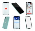 MYKOLAIV, UKRAINE - JULY 07, 2020: New iPhone 11 with YouTube, Pinterest, Facebook apps and empty screen against white Royalty Free Stock Photo