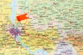 MYKOLAIV, UKRAINE - NOVEMBER 09, 2020: Brovary city near Kyiv marked with push pin on map of Ukraine, closeup