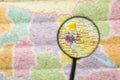 MYKOLAIV, UKRAINE - NOVEMBER 09, 2020: Brovary city near Kyiv marked with push pin on map of Ukraine, view through magnifying