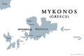 Mykonos, Greek island and part of the Cyclades, gray political map