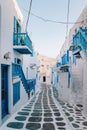 Mykonos Greece , colorful streets of the old town of Mykonos with tourist in the street Royalty Free Stock Photo