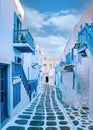 Mykonos Greece , colorful streets of the old town of Mykonos with witewashed houses at the village Royalty Free Stock Photo