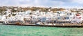 Mykonos, Greece - 17.10.2018: Mykonos island aerial panoramic view, part of the Cyclades, Greece