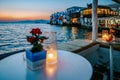 Mykonos Greece Island with whitewashed building at the streets of little Venice Mykonos Royalty Free Stock Photo