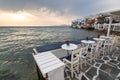 MYKONOS, GREECE - MAY 2018: Sunset view from the embarkment cafe of Little Venice district in Mykonos Chora town, Greece Royalty Free Stock Photo