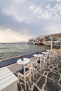 MYKONOS, GREECE - MAY 2018: Sunset view from the embarkment cafe of Little Venice district in Mykonos Chora town, Greece Royalty Free Stock Photo