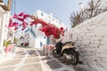 MYKONOS, GREECE - MAY 2018: View over the old cobbled street in Mykonos town district Little Venice