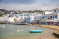 Mykonos, Greece - 17.10.2018: Port of Mykonos Town with white arhitecture and colorfull boats, Greece