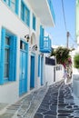 Mykonos, Greece, 11 September 2018, Day view of a typical narrow street in the historic center Royalty Free Stock Photo