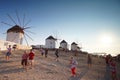 Mykonos, Greece, 11 September 2018, Evening view awaiting the sunset on the windmill hill Royalty Free Stock Photo