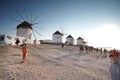 Mykonos, Greece, 11 September 2018, Evening view awaiting the sunset on the windmill hill Royalty Free Stock Photo