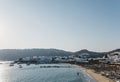 High angle view of Platis Gialos beach, Mykonos, Greece