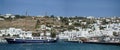 Mykonos, Greece, 11 September 2018, Panoramic view of the old port of Chora in the Cyclades
