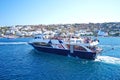 Mykonos, Greece, 11 September 2018, Tourists at the old port embark on special ferries to the island of Delos