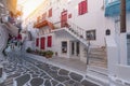 Mykonos, Greece Ã¢â¬â Typical Greek architecture in the white, cobbled alleys of Mykonos town, houses in the old town of mykonos. Royalty Free Stock Photo