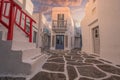 Mykonos, Greece Ã¢â¬â Typical Greek architecture in the white, cobbled alleys of Mykonos town, houses in the old town of mykonos. Royalty Free Stock Photo