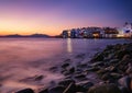 Mykonos, Greece. View of a traditional house in Mykonos. The area of Little Venice. Seascape during sunset. Sea shore and beach. Royalty Free Stock Photo