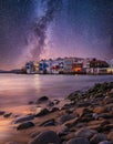 Mykonos, Greece. View of a traditional house in Mykonos. The area of Little Venice. Milky way. Sea shore and beach. Royalty Free Stock Photo