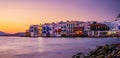 Mykonos, Greece. View of a traditional house in Mykonos. The area of Little Venice. Seascape during sunset. Sea shore and beach. Royalty Free Stock Photo