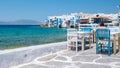 Mykonos Greek village in Greece, colorful streets of Mikonos village on a sunny day Royalty Free Stock Photo