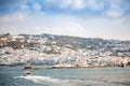 Mykonos island aerial panoramic view, part of the Cyclades, Greece