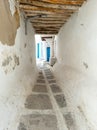 Mykonos island, Chora town, Greece. Cyclades architecture in white and blue. Vertical Royalty Free Stock Photo