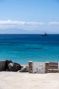 Gate entrance to the beach, Mykonos island, Cyclades. Psarou cosmopolitan destination. Greece