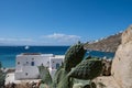 Mykonos island, Cyclades. Greece. Psarou cosmopolitan destination. View of ship moored in Aegean sea