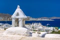 Mykonos port with boats and windmills, Cyclades islands, Greece Royalty Free Stock Photo