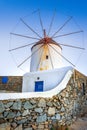 Mykonos port with boats and windmills, Cyclades islands, Greece Royalty Free Stock Photo