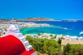 Mykonos port with boats and windmills at evening, Cyclades islands. Royalty Free Stock Photo