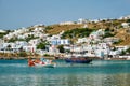 Mykonos port with fishing boats and yachts and vessels, Greece Royalty Free Stock Photo