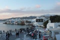 Mykonos street view. Greek tourist holiday vacation destination. Greek paradise island, Greece