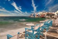 Mykonos, Greece Ã¢â¬â Typical Greek architecture in the white, cobbled alleys of Mykonos town, houses in the old town of mykonos. Royalty Free Stock Photo