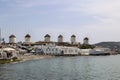 Coastal view of the Cyclades island of Mykonos with its famous windmills-Greece