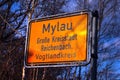 Mylau, Germany - April 5, 2023: Welcome sign in Mylau, the smallest town in Eastern Germany, located in Vogtland district of