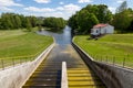 Mylof Zapora, pomorskie / Poland - May, 29, 2019: A small dam on the Brda River. Water accumulation on the river giving rise to a