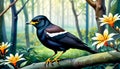 A Mynas bird sits on a branch with forest background Royalty Free Stock Photo