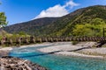 Myojin bridge over the Azusa river in the Kamikochi hiking area of Nagano, Japan Royalty Free Stock Photo