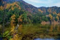 Myojin pond at Hotaka Rear Shrine in Kamikochi, Nagano, Japan.